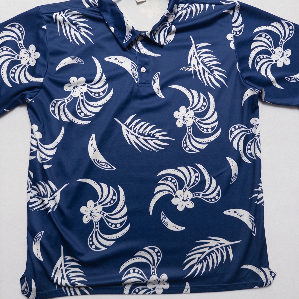 Palmwave Hawaii Polo Shirt Mens L Blueโ White Tropical Floral - Picture 6 of 17